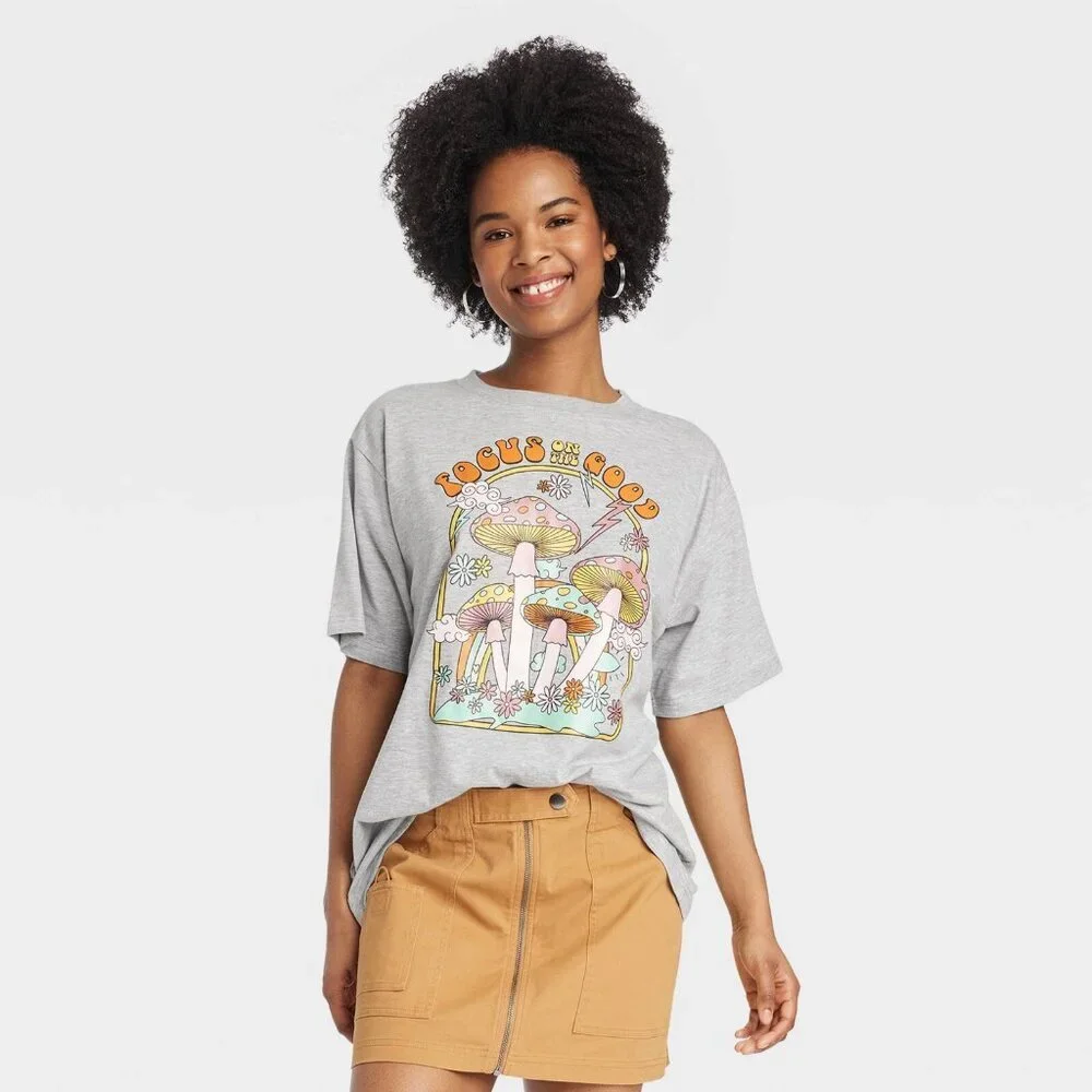 Medium - Womens Focus on the Good Oversized Short Sleeve T-Shirt - Gray - Picture 2 of 6